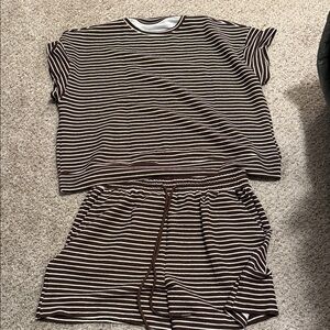 Women's Brown & White Striped Set - Short Sleeve Top & Shorts